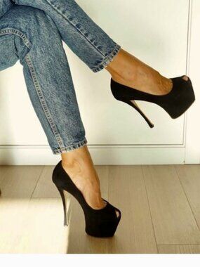 Giuseppe Zanotti Sharon Suede Leather Platform Heels Peep toe  Black 37.5/7.5